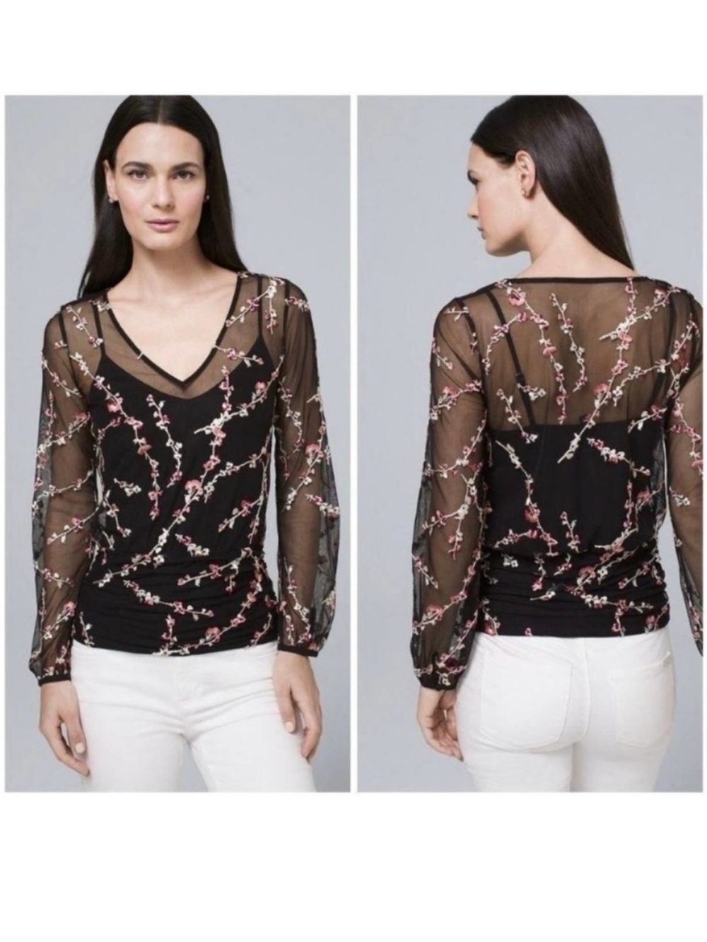 WHBM Floral Embroidered Sheer Black Long Sleeve Blouse W/Cami  top Size S
